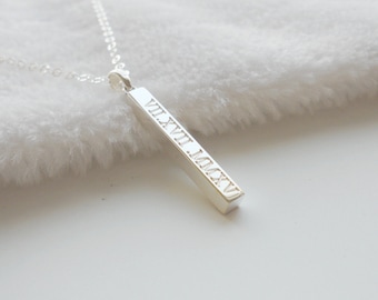 Date Necklace,Roman Numeral Bar Necklace,Vertical Bar necklace,Engraved Date Bar Necklace,Silver Vertical Bar Pendant,Custom Bar Necklace