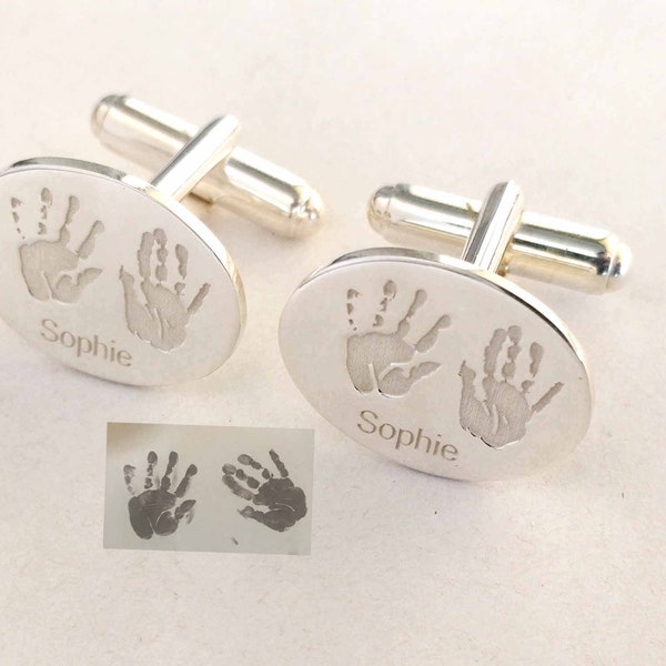 Personalized Handprints Cufflinks, Silver Oval Cufflinks, Silver Footprints Cufflinks for Groom,Gift for Daddy from Baby, New Mom Gift
