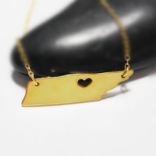 Gold Tennessee Charm Necklace,TN State Shaped Necklace,Tennessee State Charm Necklace,Tennessee Necklace With A Heart