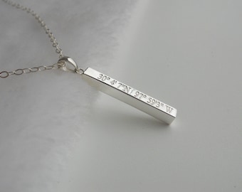 Vertical Cube Bar Necklace,Silver Latitude longitude Necklace,Engraved Coordinates Necklace,GPS Coordinates Necklace,Long Bar Jewelry