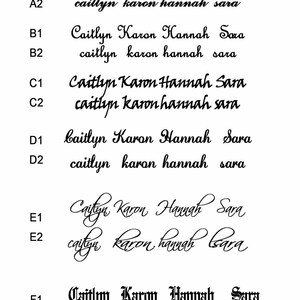 May include: A close-up of a sheet of paper with different variations of the names Caitlyn, Karon, Hannah, and Sara written in cursive and block lettering.