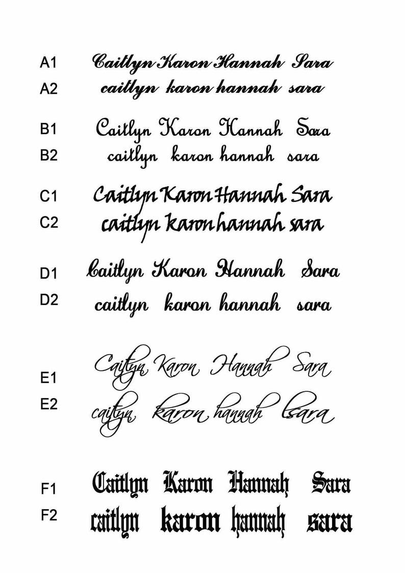 May include: A close-up of a sheet of paper with different variations of the names Caitlyn, Karon, Hannah, and Sara written in cursive and block lettering.