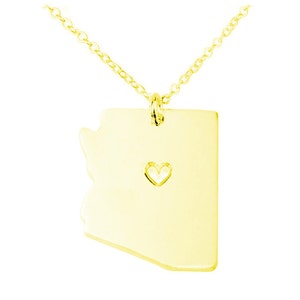 Gold Arizona Necklace,Arizona State Shaped Necklace ,AZ State Shaped Pendant,Arizona State Necklace With A Heart