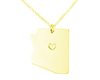 Gold Arizona Necklace,Arizona State Shaped Necklace ,AZ State Shaped Pendant,Arizona State Necklace With A Heart