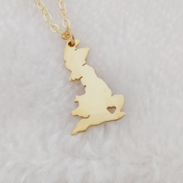 UK ketting, Groot-Brittannië ketting, Engeland vormige ketting, Verenigd Koninkrijk ketting, elke land ketting, gouden UK charme ketting met een hart