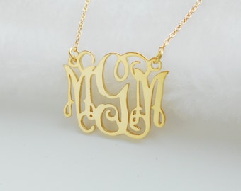 Small Gold Monogram Necklace,Personalized 3 Initials Necklace,Cut out 1.25 inch Monogram Necklace,Custom Monogrammed Gift,Bridesmaid Gift