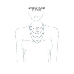 May include: Illustration showing necklace lengths: 16", 18", 20", and 22" (40.6, 45.7, 50.8, and 55.9 cm) on a person's neck. The text at the top reads "NECKLACE LENGTH (IN INCHES)". The image is a line drawing.