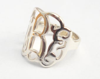 Sterlingzilveren monogramring, monogram eerste ring, gepersonaliseerde 3 eerste ring, monogram ring dames, eerste ring uitgesneden