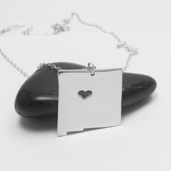 Silver New Mexico Charm Necklace,NM State State Necklace,New Mexico Shaped Necklace,New Mexico Necklace With A Heart