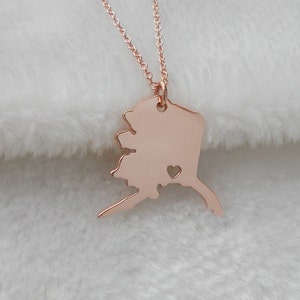 Rose Gold Alaska Necklace,Alaska State Jewelry ,AK State Shaped Pendant Necklace,Alaska State Necklace With A Heart