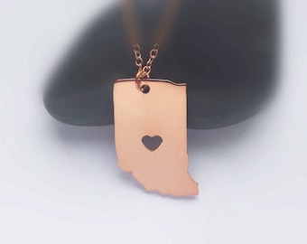 Personalized Indiana State Necklace,IN State Necklace Rose Gold Plated,Indiana State Shaped Necklace,Indiana Necklace With A Heart