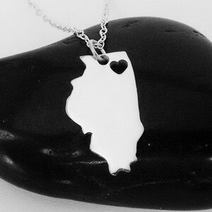 Illinois Necklace White Gold,IL State Shaped Necklace,Illinois State Charm Necklace,Illinois Necklace With A Heart