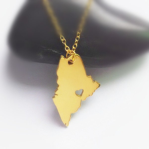 Gold Maine State Necklace,ME State Necklace,Maine State Shaped Pendant,Maine State Necklace With A Heart
