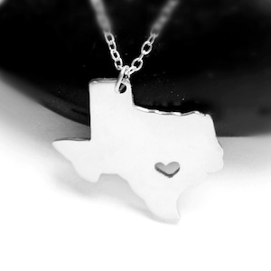 Silver Texas Charm Necklace,TX State Necklace ,Texas State Shaped Pendant,Texas State Necklace With A Heart