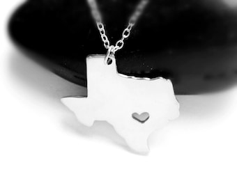 Silver Texas Charm Necklace,TX State Necklace ,Texas State Shaped Pendant,Texas State Necklace With A Heart