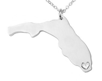 Silver Florida Shaped Necklace,FL State Charm Jewelry ,Florida State Shaped Necklace,Florida State Necklace With A Heart