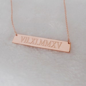 Rose Gold Bar Necklace,Roman Numeral Bar Necklace,Wedding Date Bar Necklace,Personalized Nameplate Necklace,Gold Bar Jewelry,Date Necklace