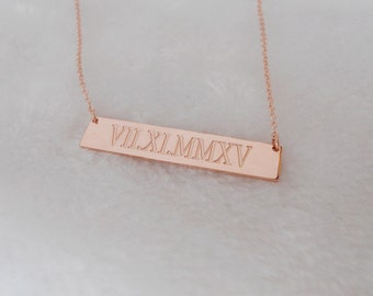 Collier barre or rose, collier barre chiffres romains, collier barre date de mariage, collier plaque signalétique personnalisé, bijoux lingot d'or, collier date