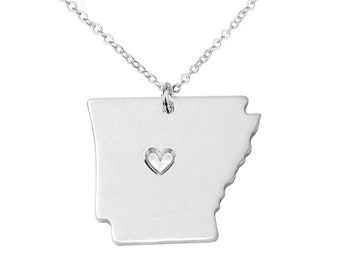 Arkansas Necklace White Gold,AR State Charm Necklace ,Arkansas State Shaped Pendant,Arkansas State Necklace With A Heart