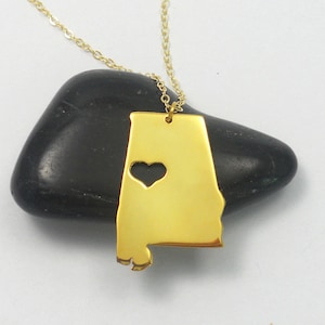 Gold Alabama Necklace,AL State Charm Necklace ,AL State Shaped Pendant,Alabama State Necklace With A Heart