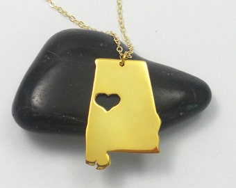 Gold Alabama Necklace,AL State Charm Necklace ,AL State Shaped Pendant,Alabama State Necklace With A Heart