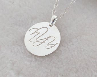 Monogram Necklace Sterling Silver,Monogrammed Necklace,Silver Script Necklace,Disc Jewelry,Engraved Disc Necklace,Personalized Necklace