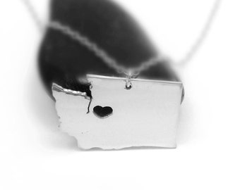 Silver State Necklace of Washington ,WA State Charm Necklace ,Washington State Shaped Pendant,Washington State Necklace With A Heart