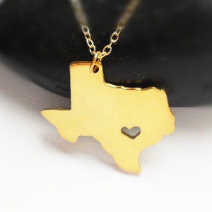 Gold Texas State Halskette, Tex State Charm Halskette, Texas State Anhänger, Texas State Halskette mit einem Herz
