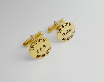 Gold Latitude longitude Cufflinks,Engraved Coordinates Cufflinks,Personalized Initials and Date Cufflinks,Wedding Date Cufflinks