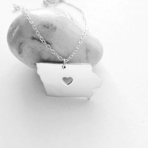 Iowa Charm Necklace White Gold Plated,IA State Shaped Necklace,Iowa State Charm Necklace,Iowa Necklace With A Heart