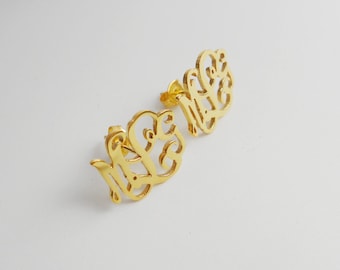Personalized Earrings,Gold Monogram Earrings,Monogram Stud Earrings,Gold Initial Earrings,Monogrammed Gifts,0.6 inch Custom Earrings