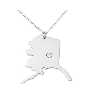Silver Alaska Necklace,Alaska State Jewelry ,AK State Shaped Pendant,Alaska State Necklace With A Heart