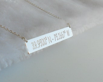 Latitude longitude Bar Necklace White Gold,Coordinates Bar Necklace,GPS Coordinate Necklace,Horizontal Bar Jewelry,Custom Bar Necklace