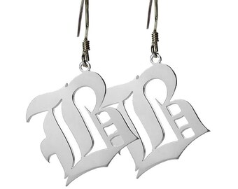 Old English Earrings Sterling Silver,Silver Drop Initials Earrings,Initial Dangle Earrings,1 Letter Initials Earrings,Monogram Earrings