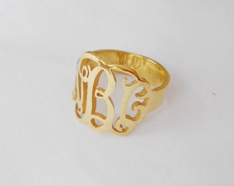 Handmade Monogram Ring Gold,Any Initial Ring,Personalized 3 Monogram Initial Ring,Womens Monogram Ring,Cut Out Initial Ring,Name Ring
