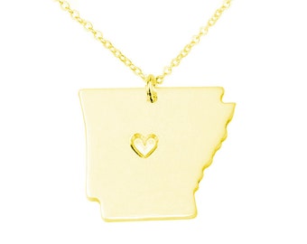 Gold Arkansas State Necklace,AR State Charm ,Arkansas State Shaped Pendant,Arkansas State Necklace With A Heart