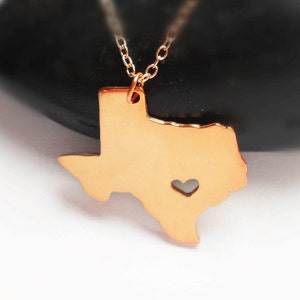 Texas State Halskette Roségold, Texas State Charm Halskette, Texas State Anhänger, Texas State Halskette mit einem Herz