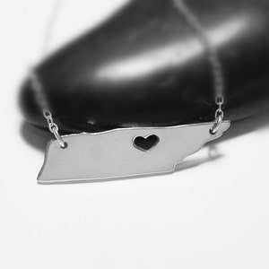 Silver Tennessee Necklace,TN State Shaped Necklace,Tennessee State Charm Necklace,Tennessee Necklace With A Heart
