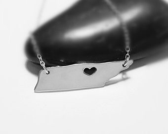 Silver Tennessee Necklace,TN State Shaped Necklace,Tennessee State Charm Necklace,Tennessee Necklace With A Heart