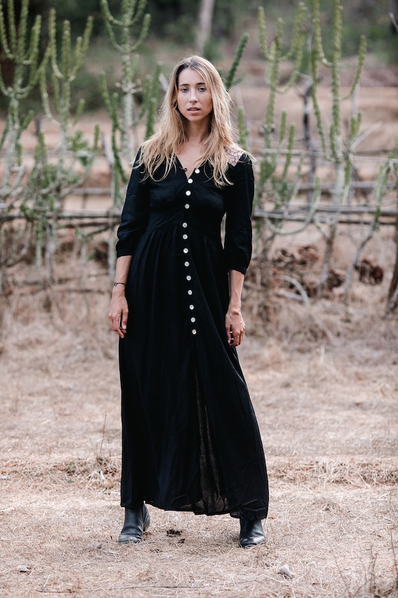 Boho Button Dress Black Dress Long Sleeve Bohemian Dress | Etsy