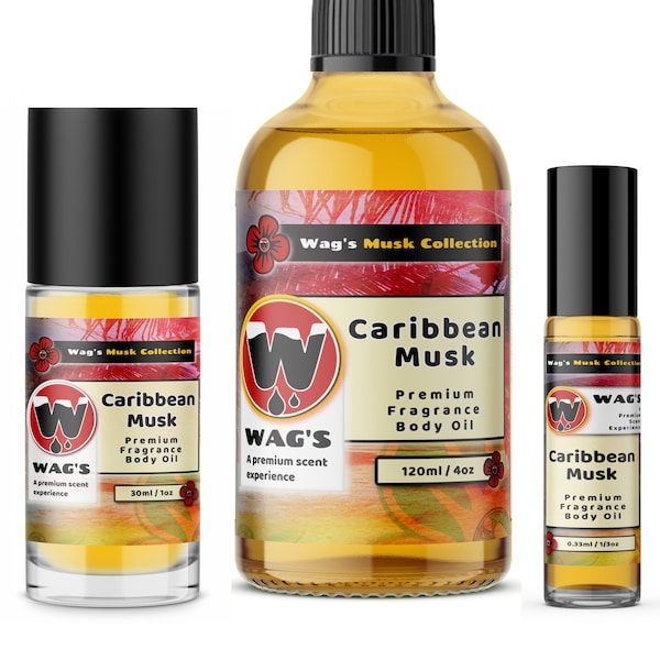 Caribbean Musk (Pure and Thick), Fragrance Body Oil, 0.33oz - 4oz Glass Bottle, by WagsMarket - Egyptian Musk Factory FREE SHIPPING In US.