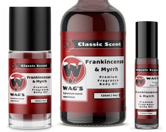 Frankincense and Myrrh Fragrance Body Oil, 0.33oz - 4oz Glass Bottle, by WagsMarket,  FREE SHIPPING In US.