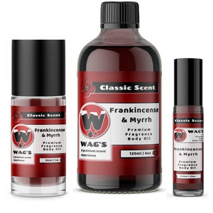 Frankincense and Myrrh Fragrance Body Oil, 0.33oz - 4oz Glass Bottle, by WagsMarket,  FREE SHIPPING In US.
