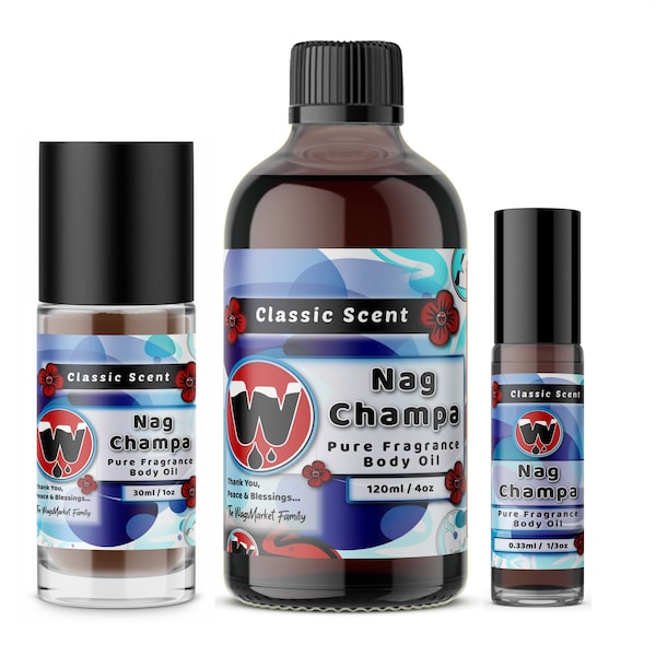Nag Champa Oil, huile corporelle parfumée pure de 0,33 oz à 4 oz bouteille en verre par WagsMarket
