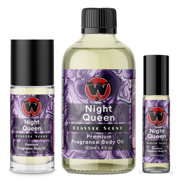 Huile de parfum Reine de la nuit, flacon à bille, 1/3 oz, 1 oz, huile corporelle parfumée pure.