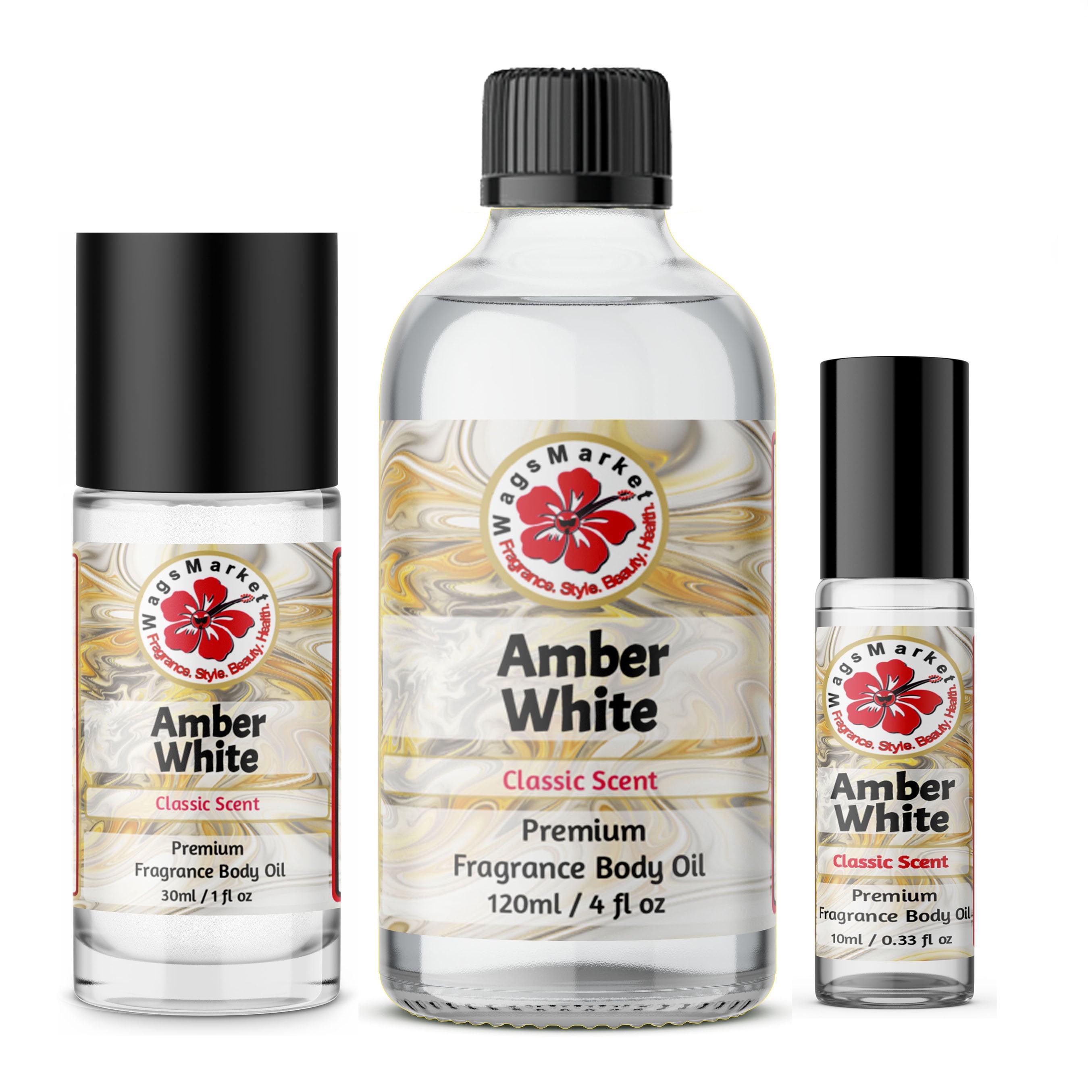 Amber White Oil, Premium Fragrance Body Oil, from 0.33oz to 4oz Glass Bottle By WagsMarket