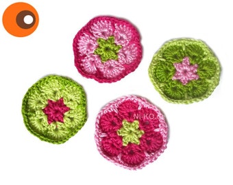 Crochet applique, 4 flowers, pink-green