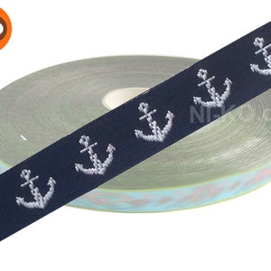 Many designs: 1 m woven ribbon, various patterns, 15 mm wide Anker, navy