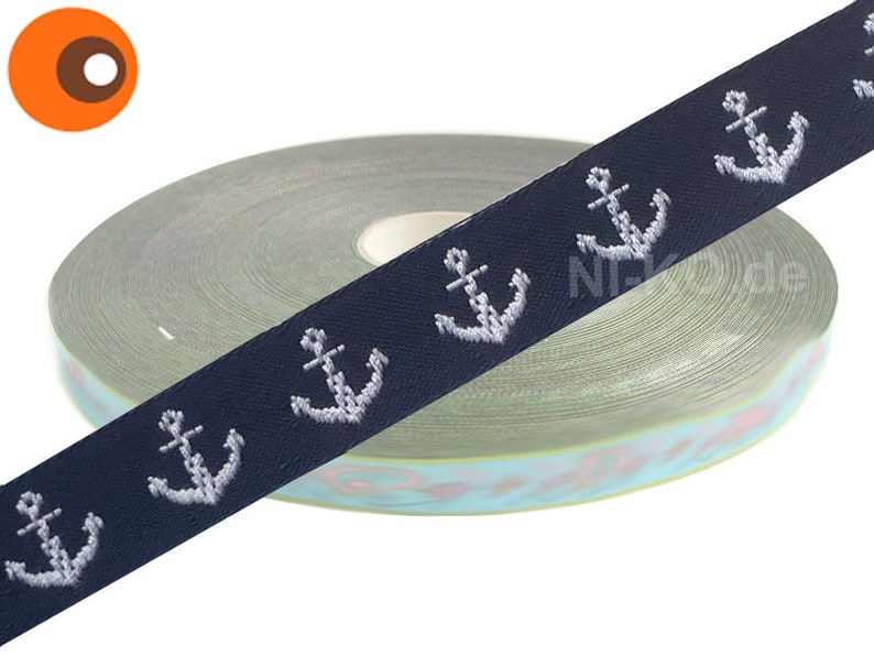 Many designs: 1 m woven ribbon, various patterns, 15 mm wide Anker, navy