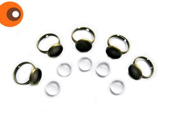 5 ring blanks, 12 mm + cabochons, bronze